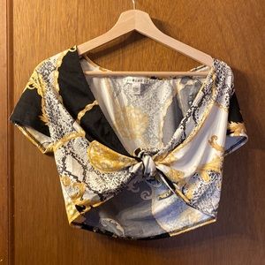 Black and gold front tie top